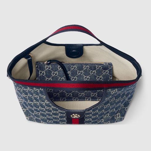 Small Tote Bag With Web GG Denim Detachable Pouch