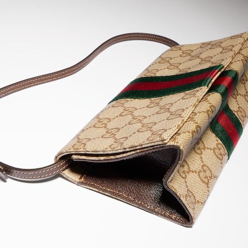 Small Pouch With Strap And Web GG Coated Canvas
