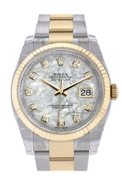 Datejust 36 White mother-of-peaDiamond Dial Fluted 18K Gold Two Tone Oyster Watch 116233