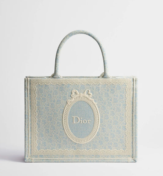 Women's Medium Book Tote With Céleste Blue Washed Embroidery And Shoulder Strap