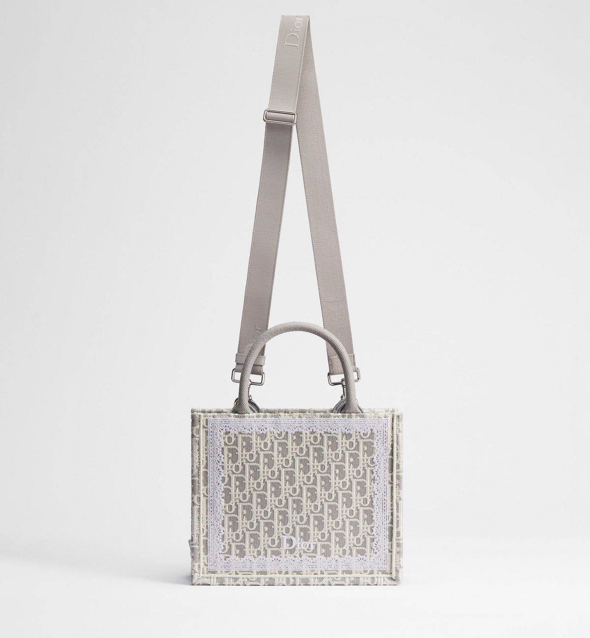 Women's Small Book Tote With Strap In Latte And Gray Oblique Embroidery And White Lace