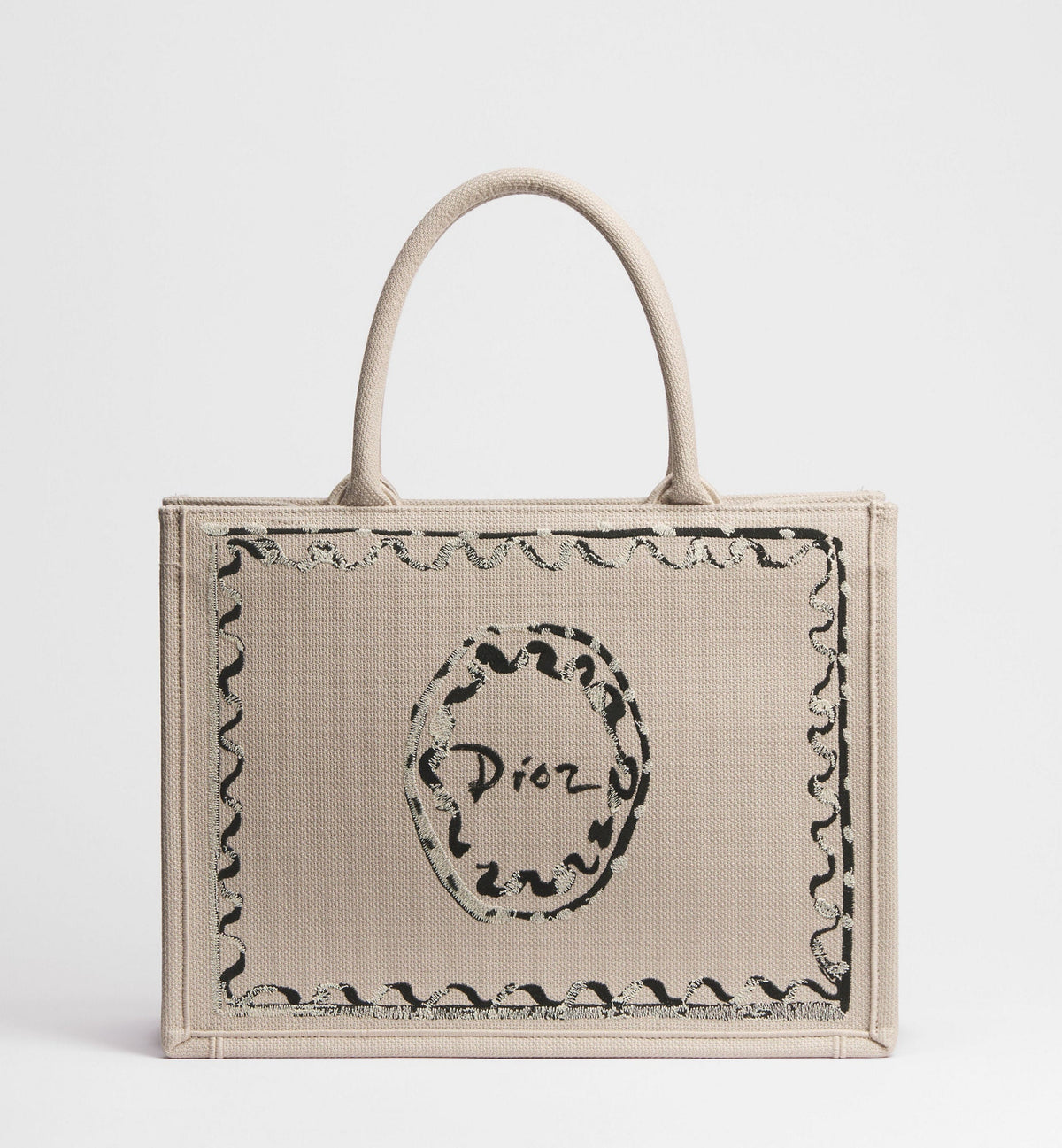 Women's Medium Book Tote With Beige Painted Ribbon Embroidery And Shoulder Strap