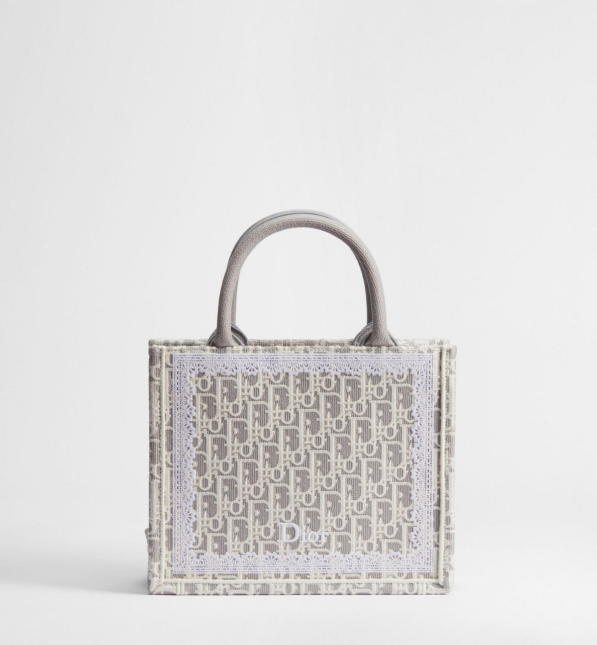 Women's Small Book Tote With Strap In Latte And Gray Oblique Embroidery And White Lace