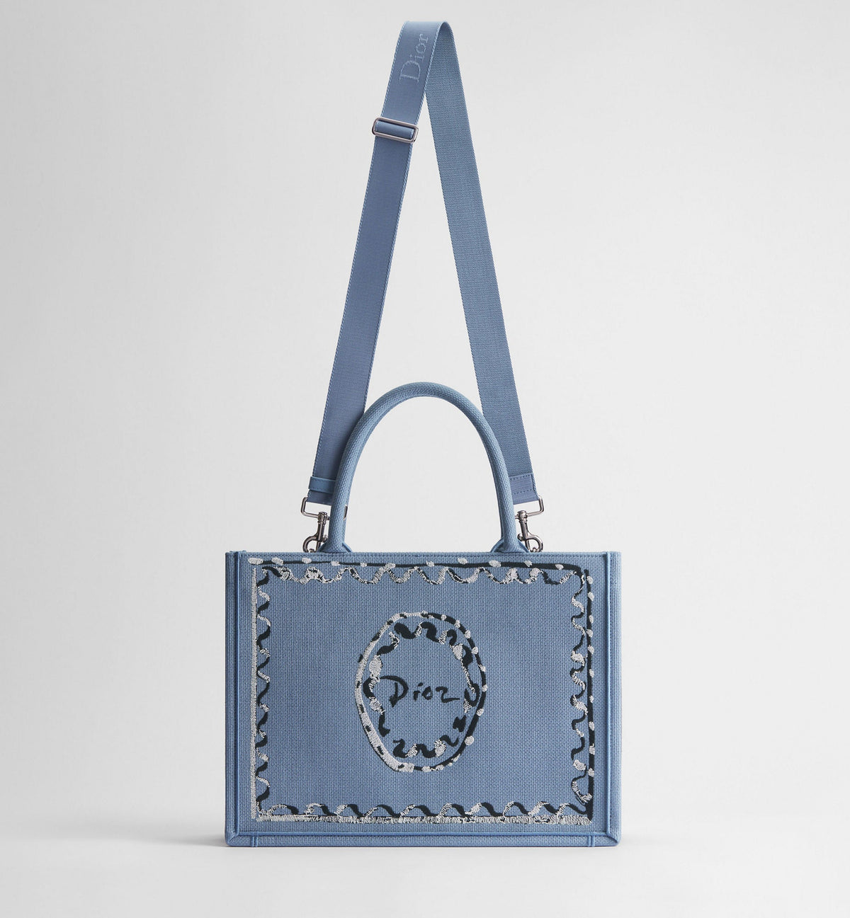 Women's Medium Book Tote With Blue-Greige Painted Ribbon And Shoulder Strap