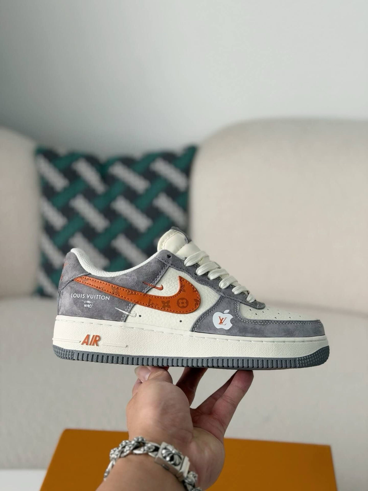 LV x Nike Air Force 1 Low â€œGrey Monogram Orange Swooshâ€