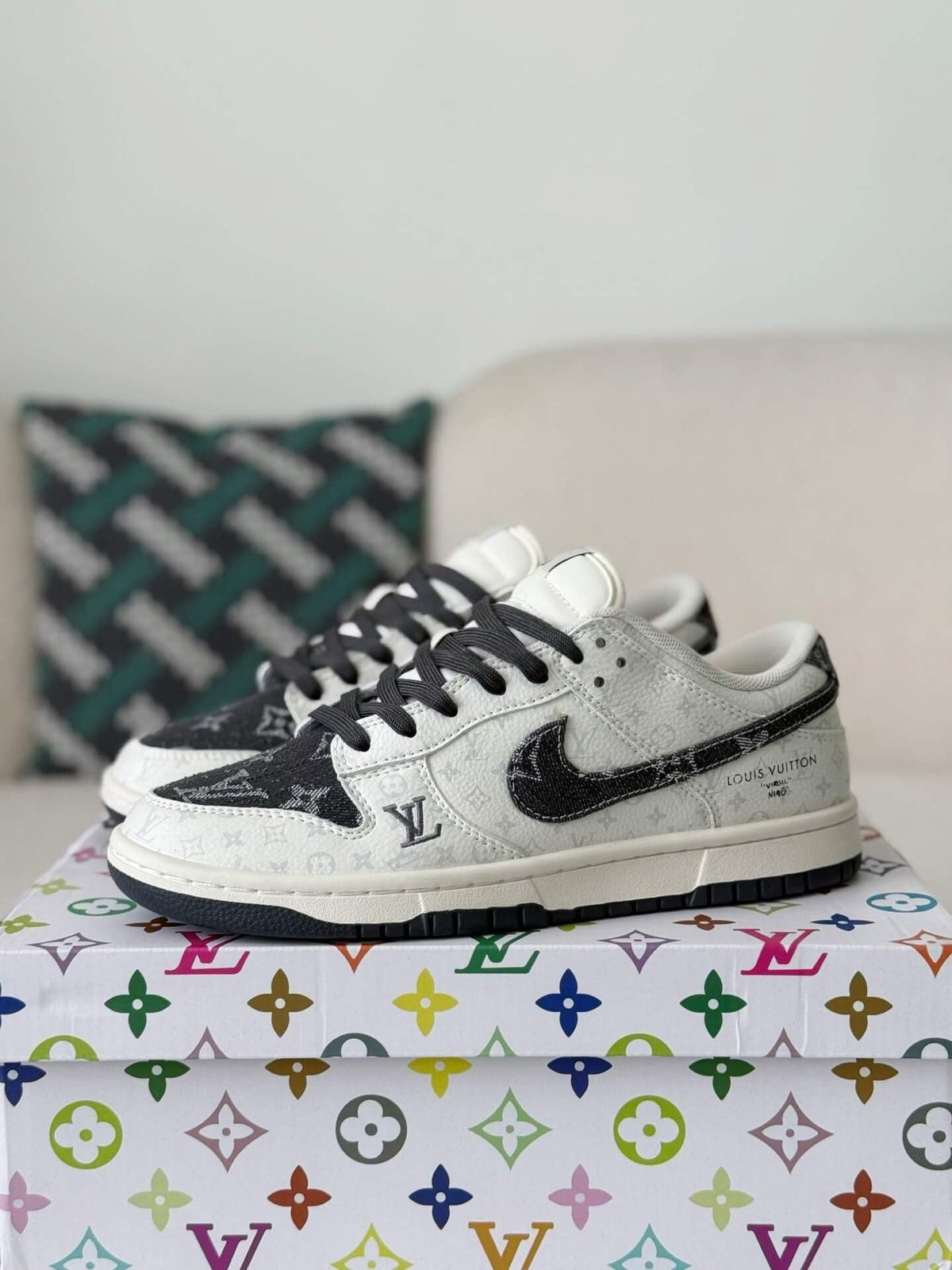 LV x Nike Dunk Low Sneaker in Black and White Monogram Canvas
