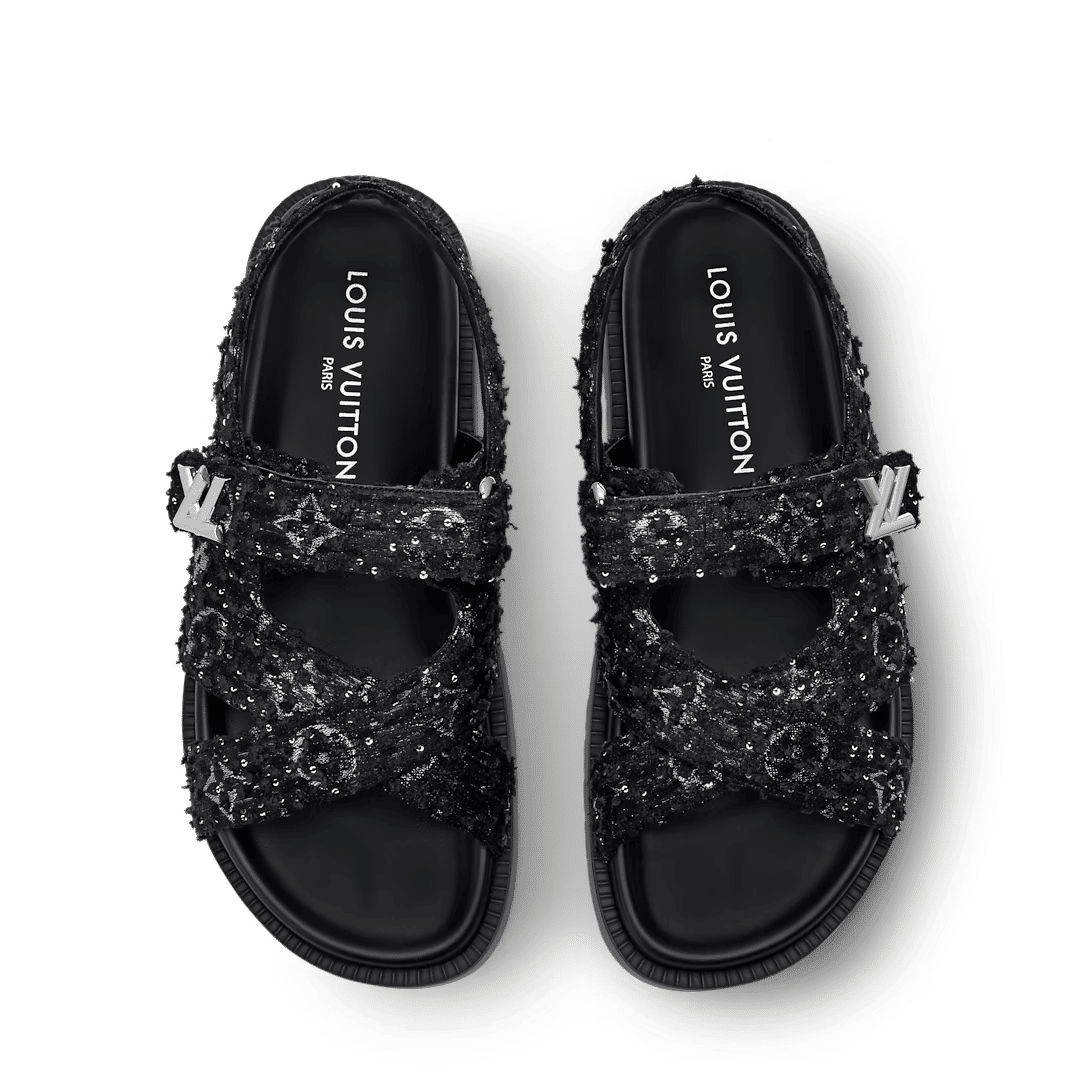 LV Sunset Flat Comfort Sandal Black Tweed Fabric