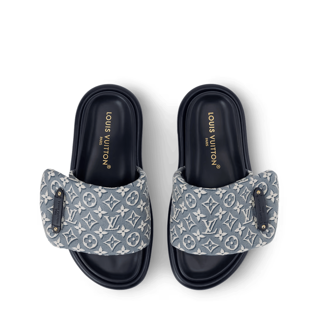 LV Pool Pillow Flat Comfort Mule Blue Jacquard
