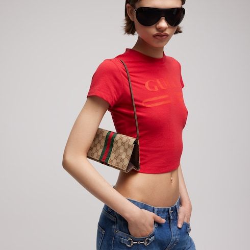 Small Pouch With Strap And Web GG Coated Canvas