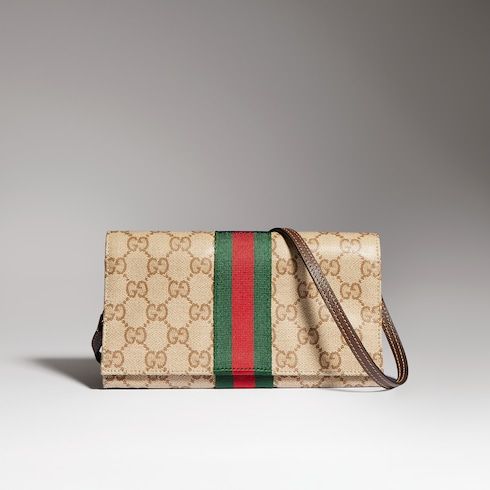 Small Pouch With Strap And Web GG Coated Canvas