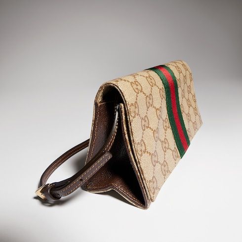 Small Pouch With Strap And Web GG Coated Canvas