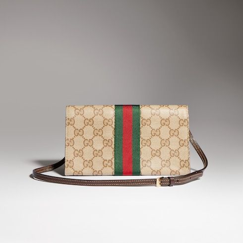 Small Pouch With Strap And Web GG Coated Canvas