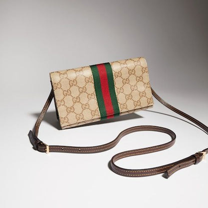 Small Pouch With Strap And Web GG Coated Canvas