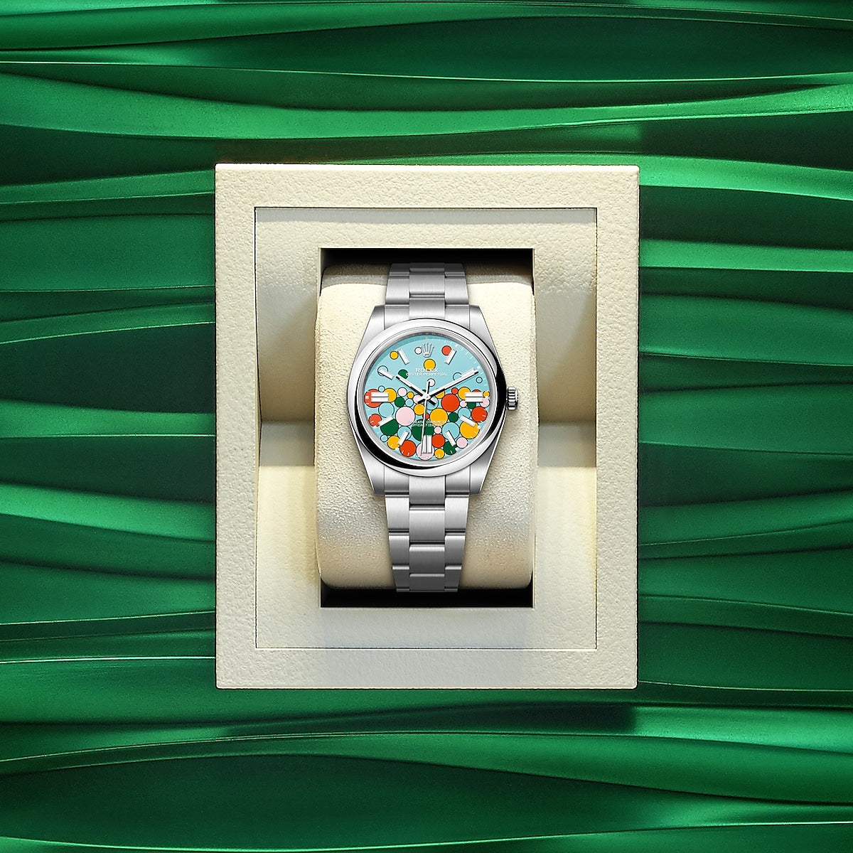Oyster Perpetual 31, Turquoise blue, Celebration motif, Oystersteel, 31mm, Ref# 277200-0010