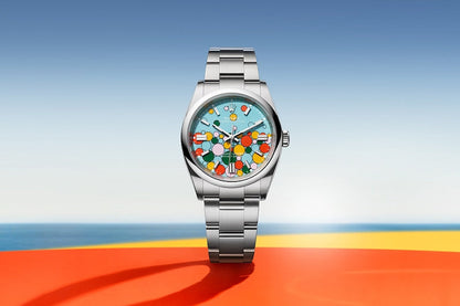 Oyster Perpetual 41, Oystersteel, 41mm, Turquoise Celebration Motif Dial, Ref# 124300-0008