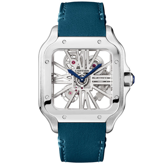 Santos de CT Large Skeleton Steel Blue Strap Watch
